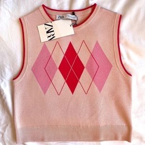 Zara Pink Argyle Sweater Vest